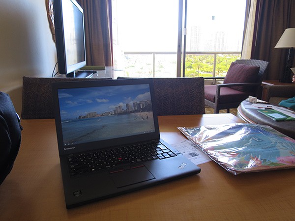 ThinkPad X250の液晶モニタから視線を上に移すと椰子の木と緑